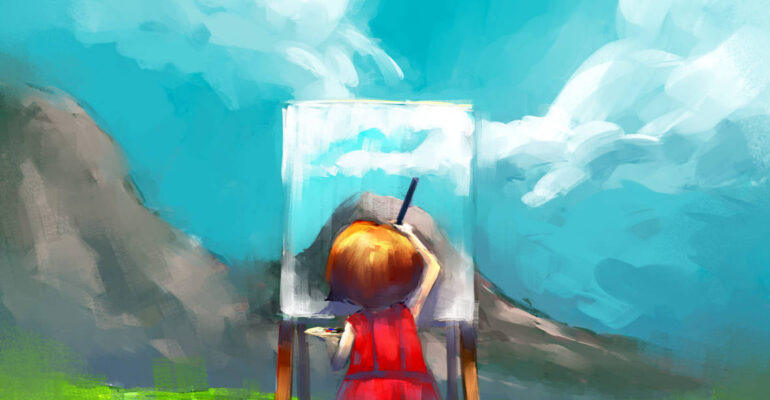 red dress girl painter working outdoors in the mountain